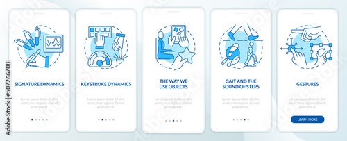 Behavioral measurements blue onboarding mobile app screen. Biometrics walkthrough 3 steps editable graphic instructions with linear concepts. UI, UX, GUI template. Myriad Pro-Bold, Regular fonts used