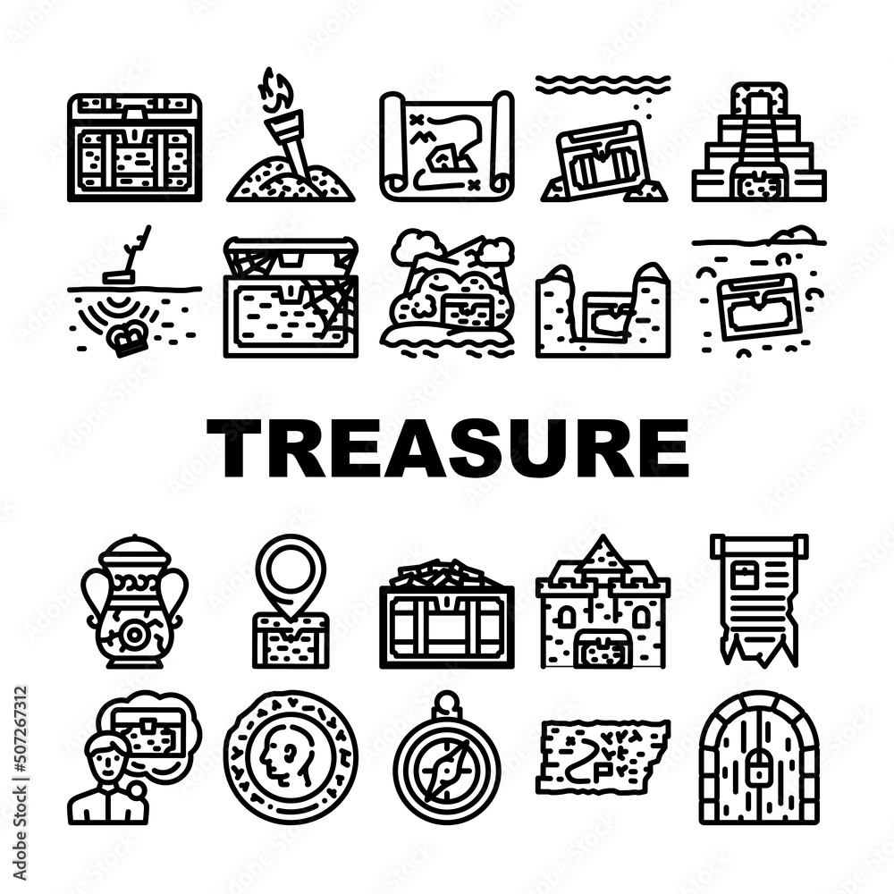 Treasure Precious And Antique Icons Set Vector. Treasure Chest And Manuscript, Compass Equipment And Map With Location For Finding, Gold Pile And Vintage Coin Searching Black Contour Illustrations