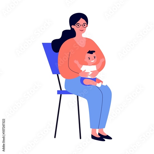 Young mother with a child sitting at therapist office in clinic. People visiting medical practitioner for examination in hospital, health concept