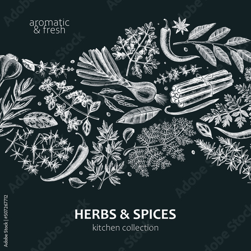 Hand-drawn herbs and spices wave design. Hand-sketched food card on chalkboard. Vintage aromatic plants hand-drawing. Kitchen herbs and spice banner template in sketched style for menu or packaging