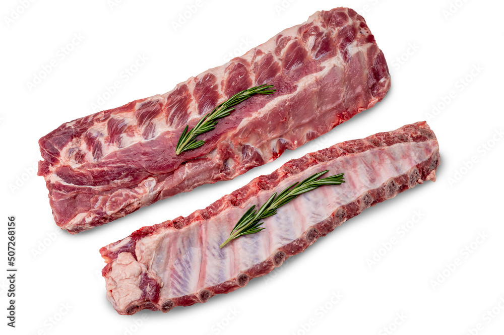 Racks of fresh raw pork meat ribs isolated on white background. Raw fresh pork ribs isolated on white background.
