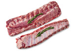 Racks of fresh raw pork meat ribs isolated on white background. Raw fresh pork ribs isolated on white background.
