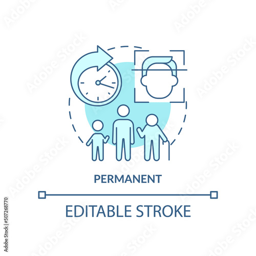 Permanent turquoise concept icon. Biometric data advantage abstract idea thin line illustration. Unexpired identification. Isolated outline drawing. Editable stroke. Arial, Myriad Pro-Bold fonts used