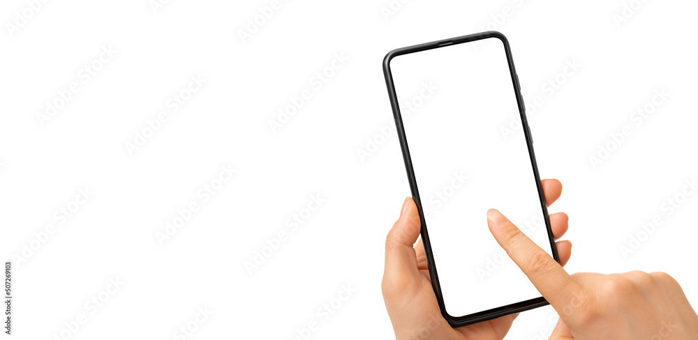 Woman hand holding black cell phone smartphone with blank white screen and modern design isolated on white background. Mockup phone. hand holding mobile phone Woman hand holding black cell phone smartphone with blank white screen and modern design isolated on white background. Mockup phone. hand holding mobile phone