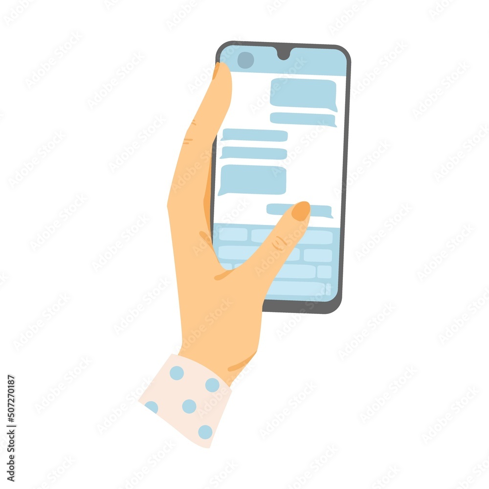 Hand of user with mobile phone. Vector illustrations of people using smartphones. Cartoon social media, video call and messenger apps Hand of user with mobile phone. Vector illustrations of people using smartphones. Cartoon social media, video call and messenger apps