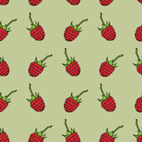 Seamless pattern with sweet raspberry on light green background. Vector image.