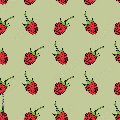 Seamless pattern with sweet raspberry on light green background. Vector image.