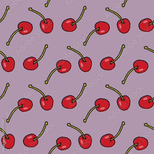 Seamless pattern with sweet cherry on violet background. Vector image.