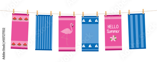 happy summer holiday banner with colorful hanging towels isolated on white