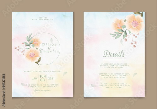 Hand drawn floral wedding invitation card template .  set with watercolor and floral decoration. Flowers illustration for save the date  greeting  poster  and cover design  Abstract Background.. 