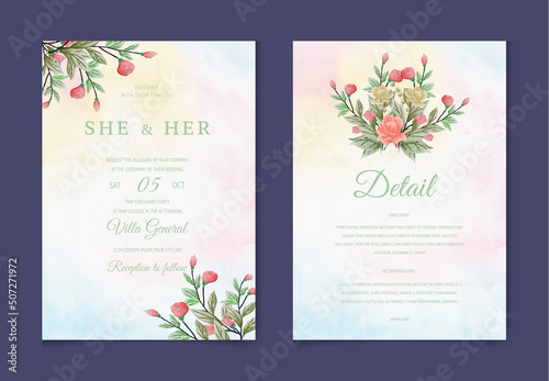 Hand drawn floral wedding invitation card template . set with watercolor and floral decoration. Flowers illustration for save the date, greeting, poster, and cover design Abstract Background.. 