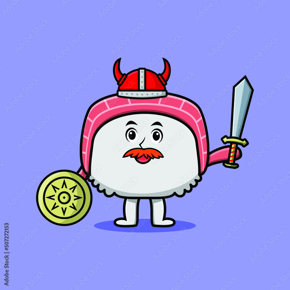 Cute cartoon character Chinese cabbage viking pirate with hat and holding sword and shield