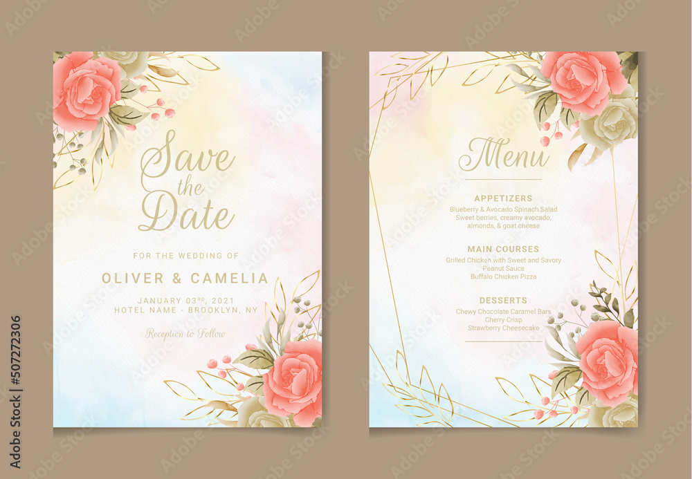 Set of card with flower rose, leaves. Wedding red, orange, and gold concept. Floral poster, invite. Vector decorative greeting card or invitation design background 