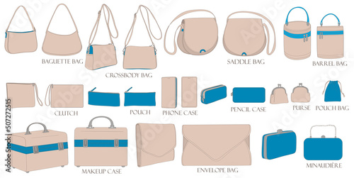 Set of illustrations of bags in pastel colors. Baguette, crossbody, envelope, barrel, clutch, purse, makeup case, pouch. Collection of luxury modern accessories. photo