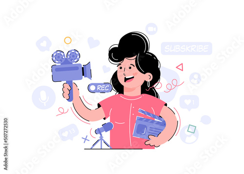 The girl is holding a video camera and clapperboard in her hands. Element for the design of presentations, applications and websites. Trend illustration.