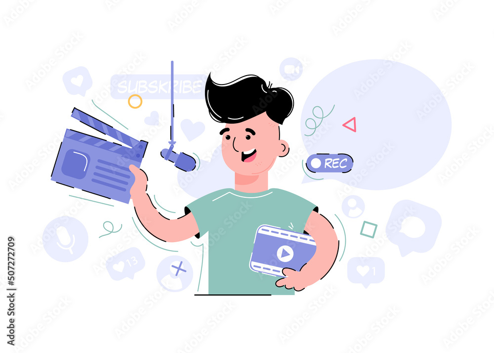 The boy is holding a clapperboard in his hands. Blogger. Flat style. The boy is holding a clapperboard in his hands. Blogger. Flat style.