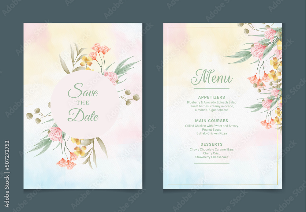 Hand drawn floral wedding invitation card template .  set with watercolor and floral decoration. Flowers illustration for save the date, greeting, poster, and cover design  Abstract Background..
