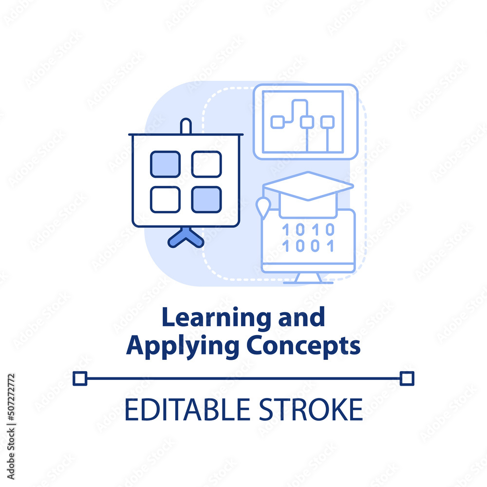 Learn and apply concepts light blue concept icon. Programming skill abstract idea thin line illustration. Isolated outline drawing. Editable stroke. Arial, Myriad Pro-Bold fonts used Learn and apply concepts light blue concept icon. Programming skill abstract idea thin line illustration. Isolated outline drawing. Editable stroke. Arial, Myriad Pro-Bold fonts used