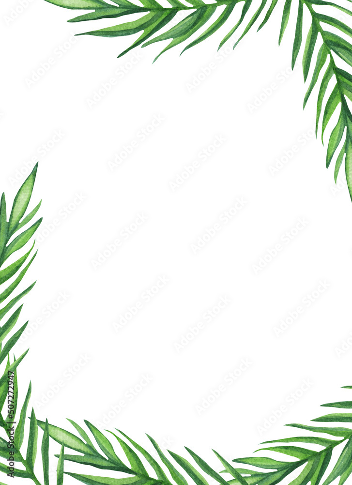 Naklejka premium Palm leaves background. Tropical greeting card.