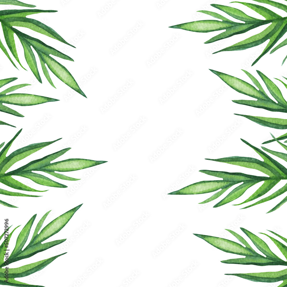 Fototapeta premium Palm leaves background. Tropical greeting card.