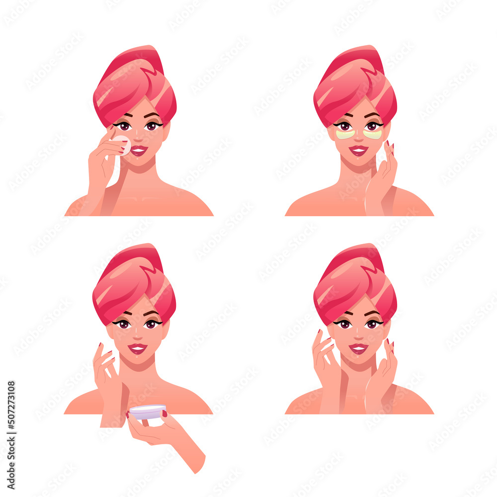 Set Beautiful young woman apply cream on face. Self care at home. Female cartoon character. Vector face illustration. Set Beautiful young woman apply cream on face. Self care at home. Female cartoon character. Vector face illustration.