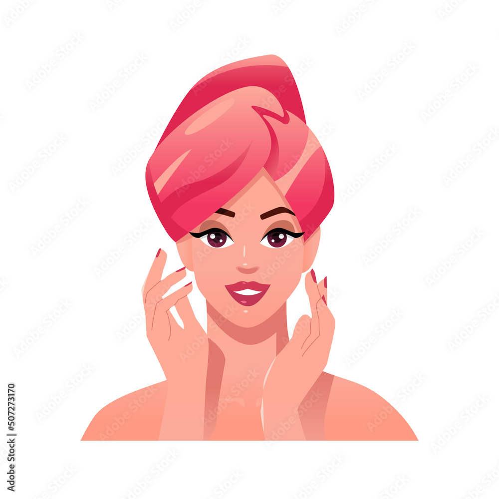 Beautiful young woman during beauty ritual, apply cream. Self care at home. Female cartoon character. Vector face illustration. Beautiful young woman during beauty ritual, apply cream. Self care at home. Female cartoon character. Vector face illustration.