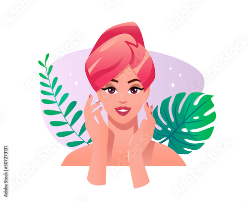 Beautiful young woman apply anti aging cream on face. Self care at home. Female cartoon character. Vector face illustration.