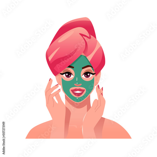 Beautiful young Woman with beauty face mask. Self care at home. Female cartoon character. Vector face illustration.
