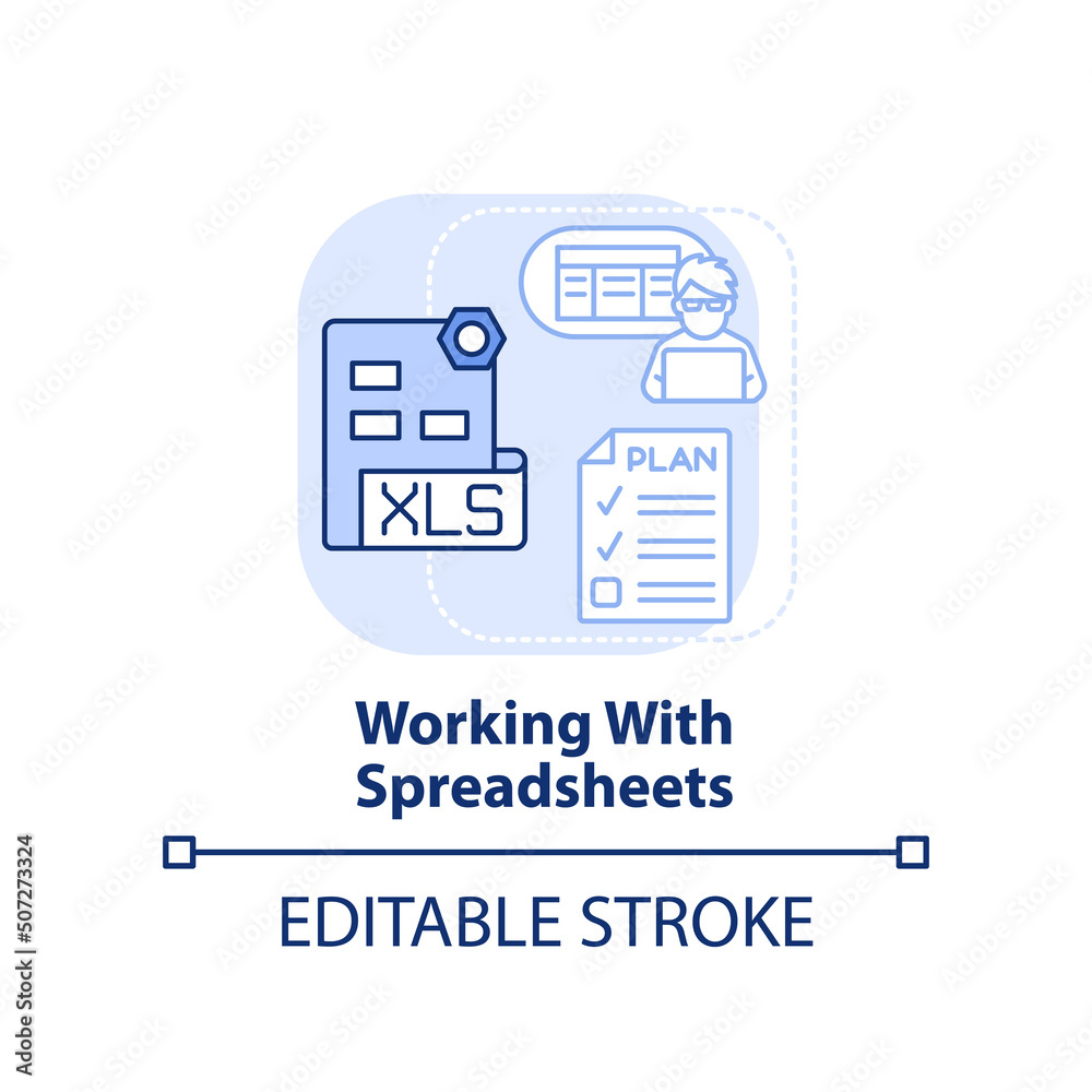 Working with spreadsheets light blue concept icon. Programming skills abstract idea thin line illustration. Isolated outline drawing. Editable stroke. Arial, Myriad Pro-Bold fonts used Working with spreadsheets light blue concept icon. Programming skills abstract idea thin line illustration. Isolated outline drawing. Editable stroke. Arial, Myriad Pro-Bold fonts used
