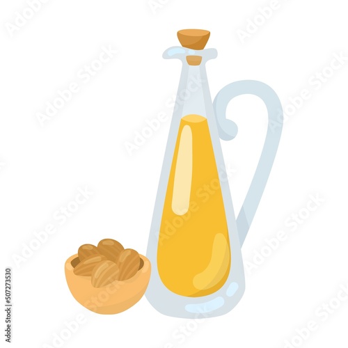 Glass jug with almond oil. Bottle of vegetable oils cartoon illustration isolated on white background