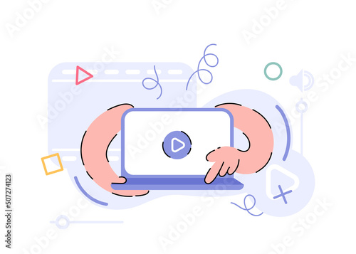 Hands hold a computer, laptop. Element for the design of presentations, applications and websites. Trend illustration.