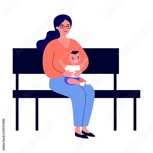 Young mother with child in park on bench flat vector illustration. Family playing in park. Summer and leisure concept