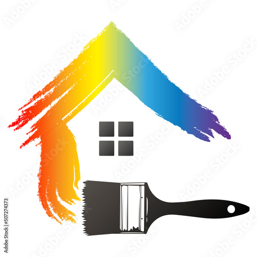 Paint brush and house. Symbol for paint and construction