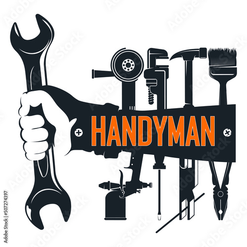 Tool for repair and service symbol. Wrench in the hand of a jack of all trades