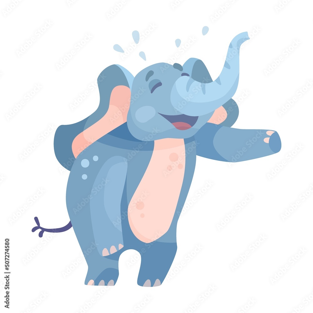 Funny elephant laughs merrily cartoon illustration. Cute baby elephant with long  trunk performing, standing on balloon. Animal, circus concept Stock Vector  | Adobe Stock