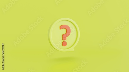 Icon orange questions mark illustration inside of yellow lemon speech bubble on yellow background for FAQ and question and answer time by 3d render