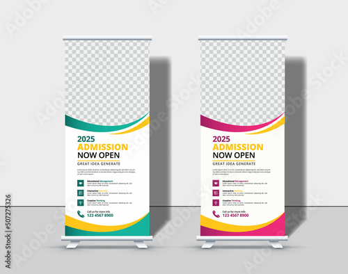 Modern Back to school admission roll up banner template Premium Vector, school admission roll up banner design for school, college, university, and coaching center.