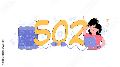 502 system error. The girl is upset because of an internal server error. Flat design concept illustration.