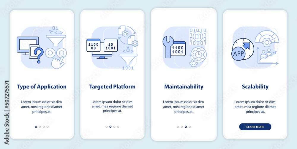 Programing language choice criteria light blue onboarding mobile app screen. Walkthrough 4 steps instructions pages with linear concepts. UI, UX, GUI template. Myriad Pro-Bold, Regular fonts used