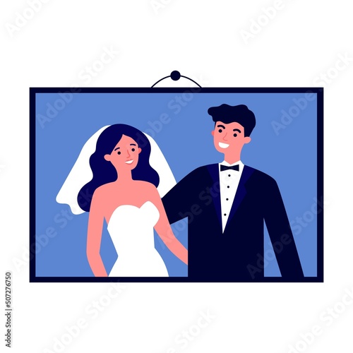 Picture of newlyweds in frame on wall. Just married couple, parents, children, senior people framed photos. Vector illustration for photography