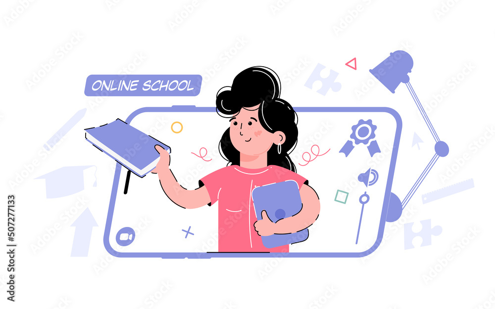 Fototapeta premium Online school theme.Girl holding textbook, book. Element for the design of presentations, applications and websites. trend illustration.