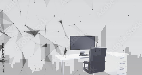 Image of network of connections spinning over empty office and cityscape