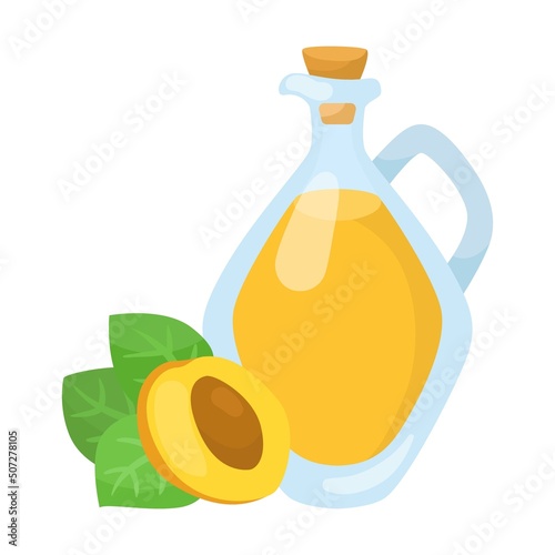 Glass jug with apricot kernel oil. Bottle of vegetable oils cartoon illustration isolated on white background