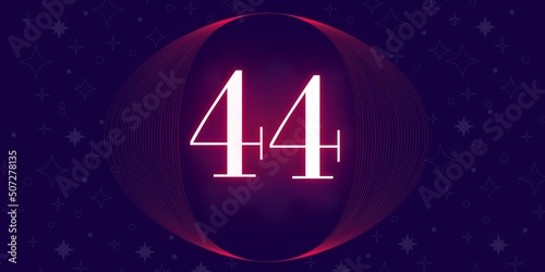 Number 44. Banner with the number forty four on a blue background and blue and purple details with a circle purple in the middle photo