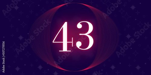 Number 43. Banner with the number forty three on a blue background and blue and purple details with a circle purple in the middle