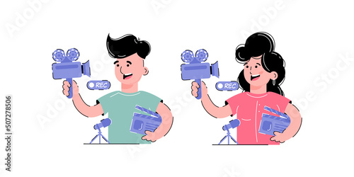 Blogging set. A girl and a boy are holding a video camera and a clapperboard in their hands. Element for the design of presentations, applications and websites. Trend illustration.