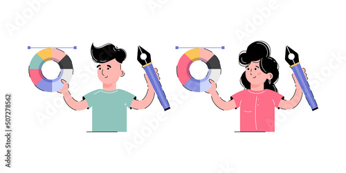 Set on the theme of art. A girl and a boy are holding a color palette and a brush in their hands. Element for the design of presentations, applications and websites. Trend illustration.