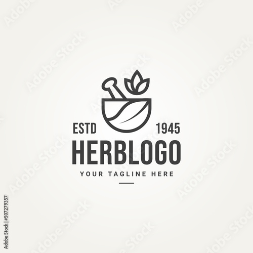 minimalist isolated natural herb line art badge logo template vector illustration design. simple mortar pestle leaf bowl alternative medicine pharmacy emblem logo concept