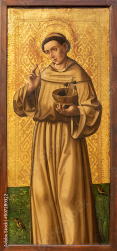 VALENCIA, SPAIN - FEBRUAR 14, 2022: The renaissance painting of St. Anthony of Padua in the Cathedral by Pere Cabanes from 16. cent.