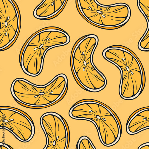 Seamless citrus pattern. Juicy flattened slices of lemon isolated on yellow background. Hand drawn doodle style. Bright summer fruit art for fabric, wallpapers, wrapping paper. Vector illustration
